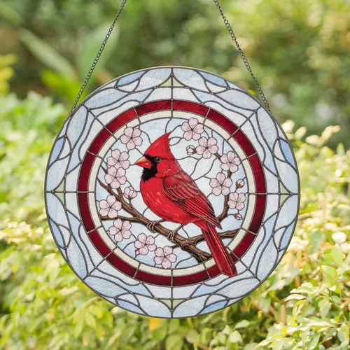 Northern Cardinal Crest Cherry Blossom Floral Medallion - Home Decor Gift for Bird Lover Stained Glass Suncatcher