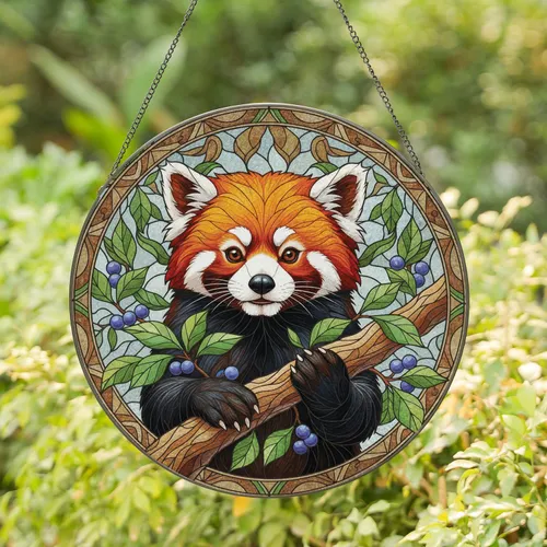 Red Panda Tree Branch Leaves Berries - Wildlife Lover Home Decor Gift Stained Glass Suncatcher