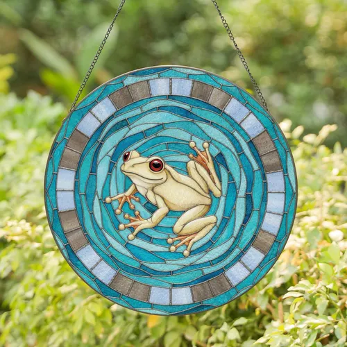 Serene Floating Frog Red Eyes Water Ripples - Home Decor Gift for Frog Lover Stained Glass Suncatcher