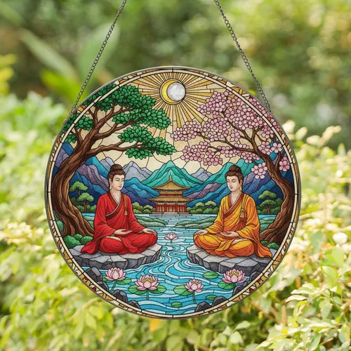 Meditating Figures Asian Temple River - Yoga Home Decor Gift Stained Glass Suncatcher