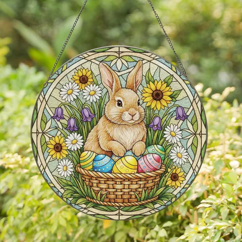 Fluffy Easter Bunny Decorated Eggs Basket Flowers - Easter Home Decor Gift Stained Glass Suncatcher
