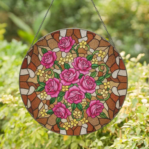 Pink Roses Yellow Flowers Mosaic Background Home Decor Gift for Garden Lover Stained Glass Suncatcher