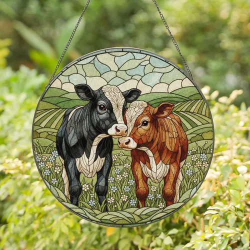 Two Calves Nuzzling Wildflower Field - Farmhouse Home Decor Gift for Cow Lover Stained Glass Suncatcher