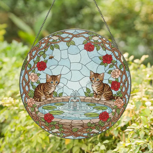 Tabby Kittens Pond Rose Garden - Home Decor Gift for Cat Lover Stained Glass Suncatcher