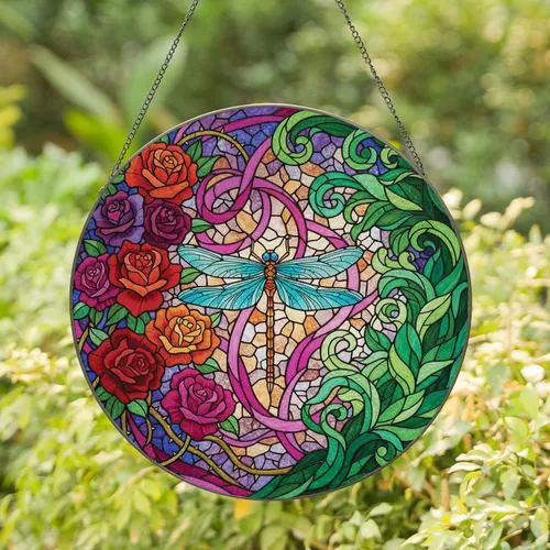 Dragonfly Roses Thorny Branches Swirling Foliage - Home Decor Gift for Gardeners Stained Glass Suncatcher