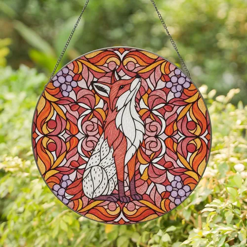 Fox with Swirling Leaves Berry Clusters - Home Decor Gift for Fox Lover Stained Glass Suncatcher