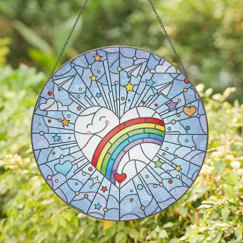 Heart Rainbow Smiling Face Sunburst - Child Room Window Display Gift Stained Glass Suncatcher