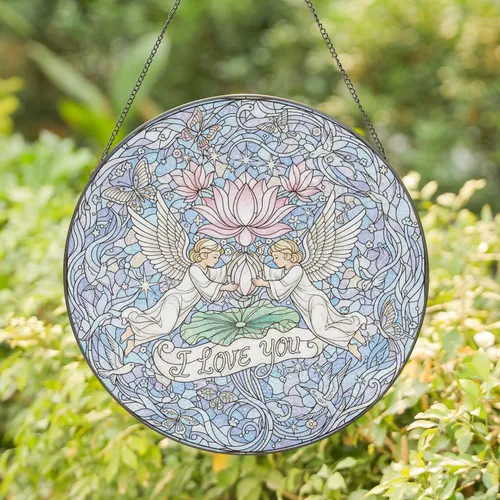 I LOVE YOU Angels Lotus Flower Butterflies - Home Decor Gift for Loved One Stained Glass Suncatcher