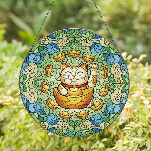 Maneki-neko Cat Golden Ingot Yuanbao Auspicious Cloud - Good Fortune Home Decor for Cat Lover Stained Glass Suncatcher