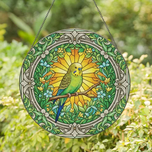 Budgerigar Stained Glass Sunburst Scrollwork - Home Decor Gift for Bird Lovers Stained Glass Suncatcher