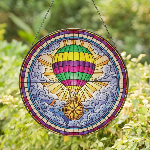Striped Hot Air Balloon Compass Rose Cloud Formation Window Decor Gift for Explorer Stained Glass Suncatcher