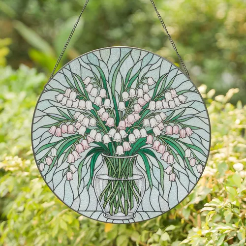 Pink White Bell Flowers Bouquet Vase - Home Decor Gift for Flower Lover Stained Glass Suncatcher