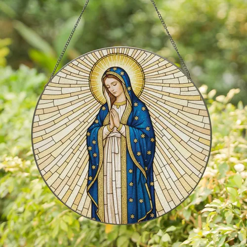 Virgin Mary Praying Figure Golden Halo - Religious Home Decor Gift for Prayer Space Stained Glass Suncatcher
