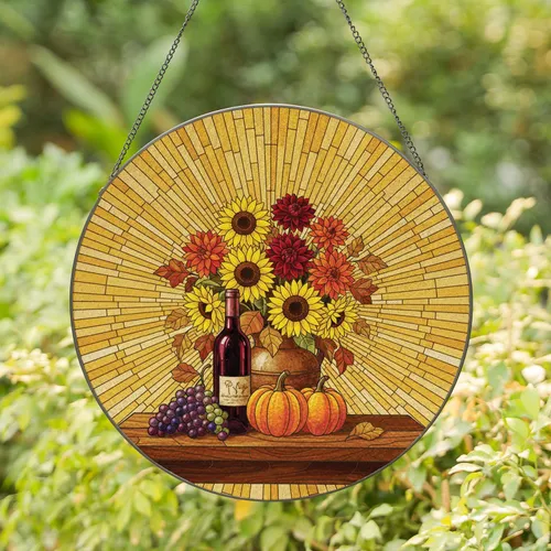 Autumn Still Life Wine Grapes Pumpkins Sunflowers - Fall Home Decor Gift Stained Glass Suncatcher