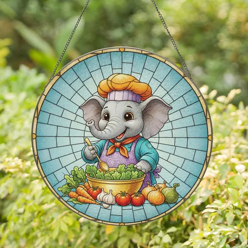 Elephant Chef Mixing Vegetables - Kitchen Decor Gift for Cooking Enthusiast Stained Glass Suncatcher