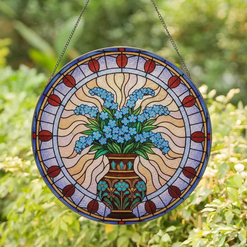 Forget-Me-Not Flowers Green Leaves Ornate Vase Geometric Border - Home Decor Gift for Garden Lover Stained Glass Suncatcher