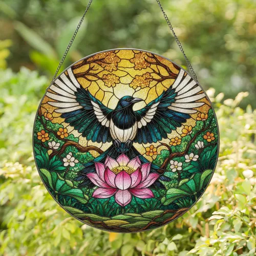Black White Magpie Pink Lotus Natural Landscape - Wildlife Lover Home Decor Gift Stained Glass Suncatcher