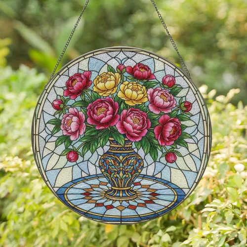Tiffany Stained Glass Peony Bouquet Mosaic Vase - Home Decor for Flower Lover Stained Glass Suncatcher