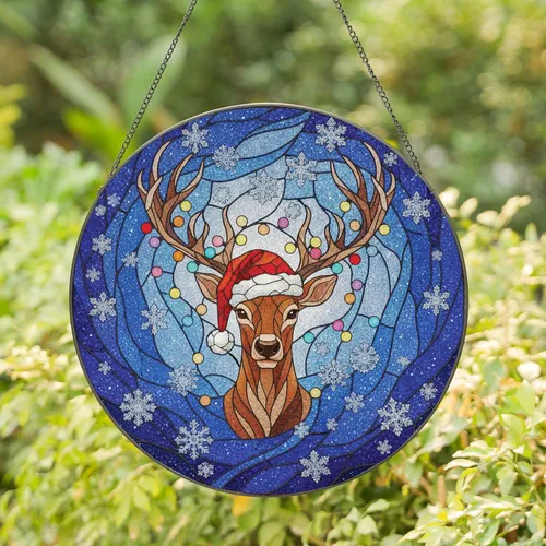 Reindeer Santa Hat Christmas Lights - Holiday Winter Decor Gift Stained Glass Suncatcher