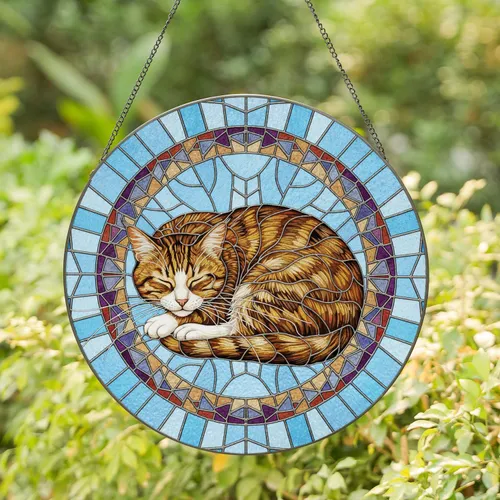 Brown Golden Striped Tabby Cat Radiating Lead Lines - Home Decor Gift for Cat Lover Stained Glass Suncatcher