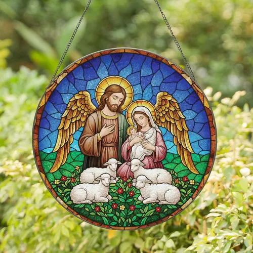 Holy Family Baby Jesus Angelic Sheep - Christmas Home Decor Gift Stained Glass Suncatcher