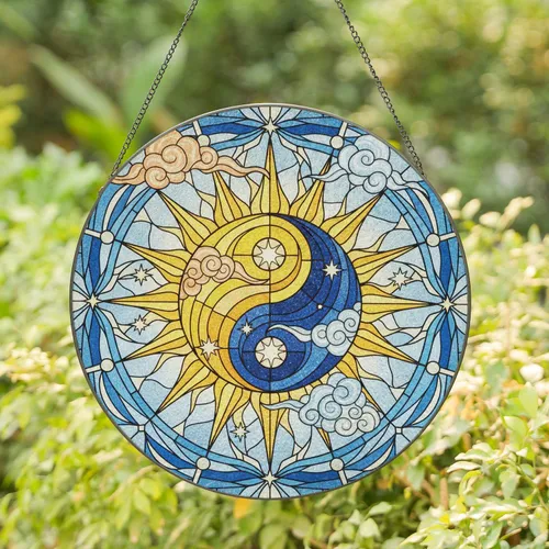 Yin Yang Symbol Radiant Sun Crescent Moon Celestial Stars Clouds Swirls - Home Decor Gift Stained Glass Suncatcher
