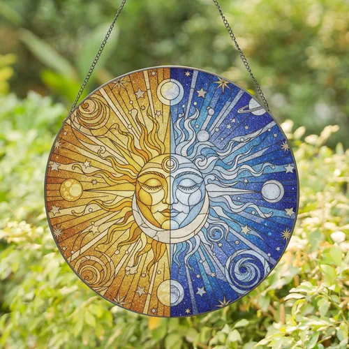 Golden Sun Silver Moon Split Face Celestial Stars Planets Cosmic Swirls - Home Decor Gift Stained Glass Suncatcher