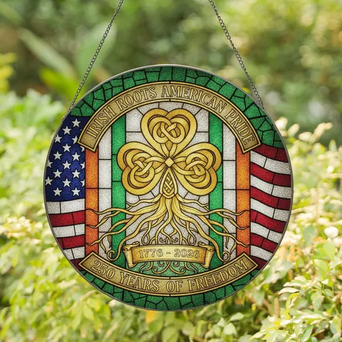 Golden Celtic Knot Shamrock Irish American Flag - 250th Anniversary Commemoration Stained Glass Suncatcher