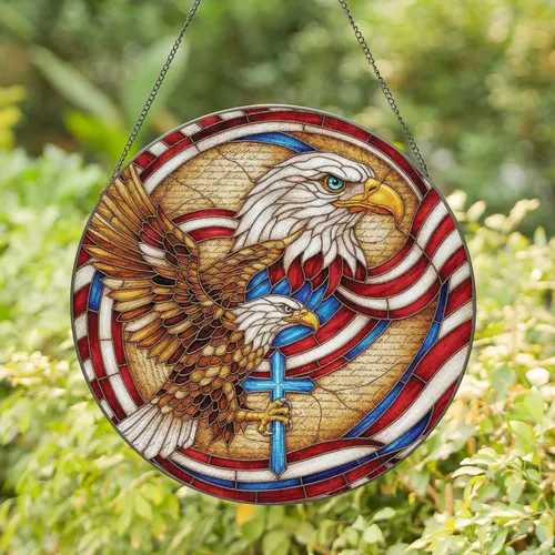 Bald Eagle American Flag Blue Cross - Independence Day Gift for Veterans Stained Glass Suncatcher