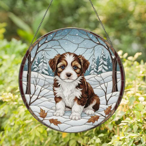 Puppy Snowdrifts Winter Landscape - Home Decor Gift for Puppy Lover Stained Glass Suncatcher