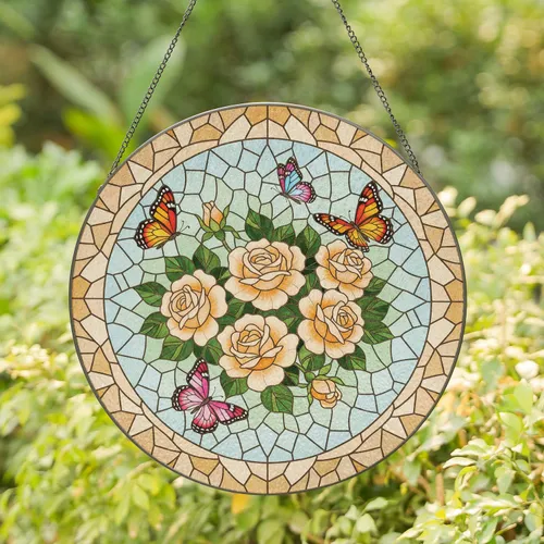 Blooming Peach Orange Roses Butterflies - Garden Lover Home Decor Gift Stained Glass Suncatcher