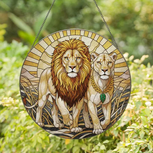 Lioness Lion Laurel Wreath Sun - Home Decor Gift for Wildlife Lover Stained Glass Suncatcher