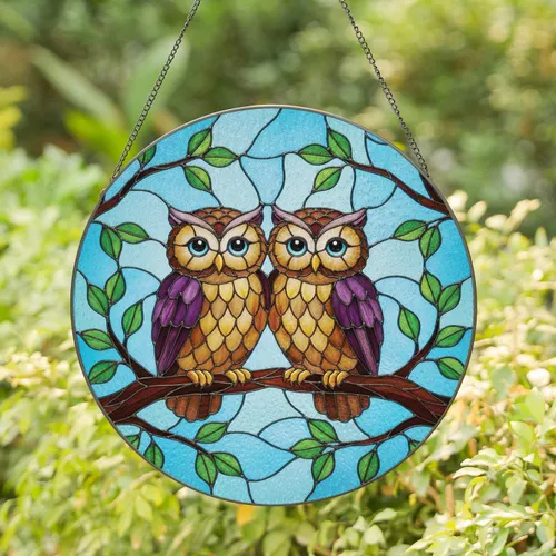 Two Owls Perched Tree Branch Leafy Twigs - Wildlife Home Decor Gift for Owl Lovers Stained Glass Suncatcher