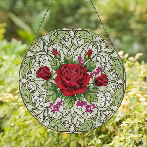 Deep Red Rose Lily Valley Pink Berries Wildflowers - Home Decor Gift for Garden Lover Stained Glass Suncatcher