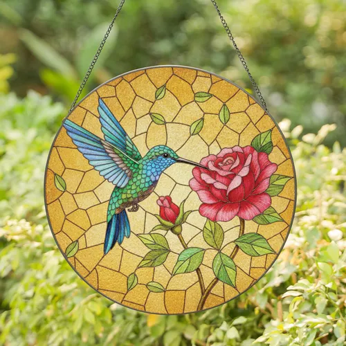 Iridescent Hummingbird Rose Tiffany Stained Glass Mosaic - Home Decor Gift for Garden Lover Stained Glass Suncatcher