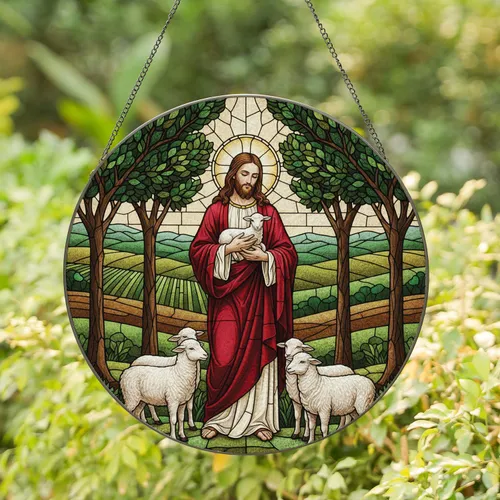 Jesus Christ Holding Lamb Sheep Radiant Halo Pastoral Fields - Faith Home Decor Gift Stained Glass Suncatcher