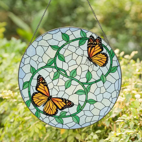 Monarch Butterflies Tiffany Stained Glass Vine Accent - Home Decor Gift for Wildlife Lovers Stained Glass Suncatcher