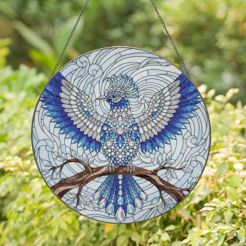 Ornate Bejeweled Crystalline Bird Celestial Swirls - Home Decor Gift for Bird Lovers Stained Glass Suncatcher