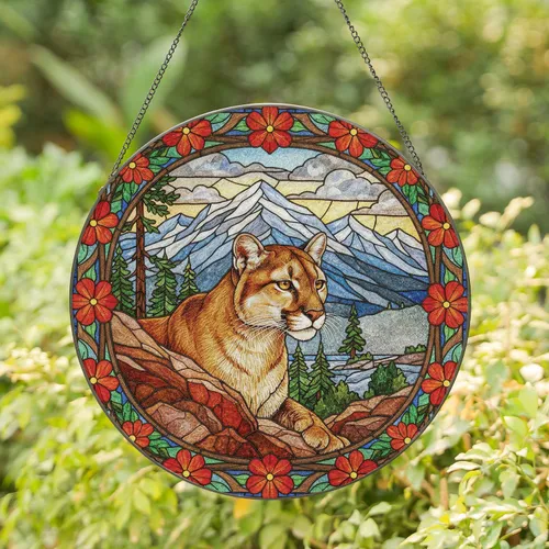 Mountain Lion Snow Peaks Pine Trees Flower Border - Wildlife Lover Home Decor Gift Stained Glass Suncatcher