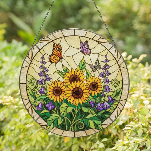 Blooming Sunflower Butterfly Garden - Home Decor Gift for Garden Lover Stained Glass Suncatcher