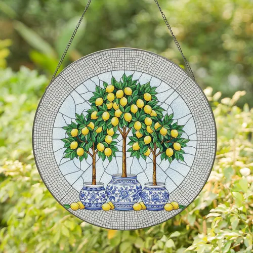 Three Lemon Trees Ceramic Pots Stained Glass - Home Decor Gift for Garden Lover Stained Glass Suncatcher