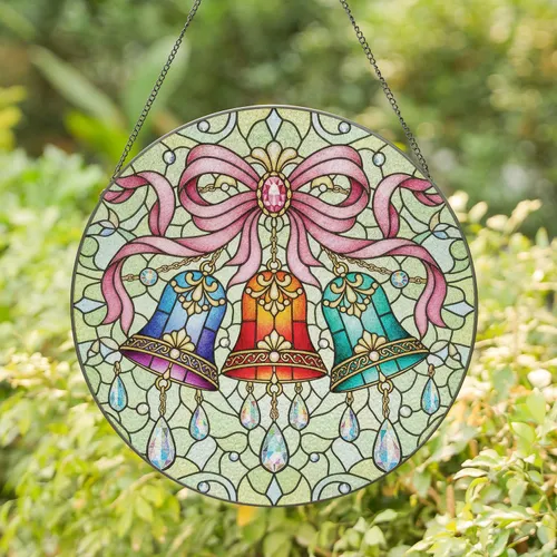 Translucent Stained Glass Bells Golden Tops Pink Bow Crystal Prisms - Home Decor Gift Stained Glass Suncatcher