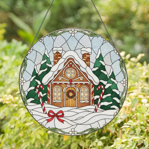 Gingerbread House Winter Snow Scene Candy Canes - Christmas Holiday Decor Gift Stained Glass Suncatcher