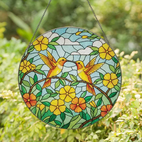 Hummingbirds Perched Floral Mosaic - Home Decor Gift for Bird Lovers Stained Glass Suncatcher