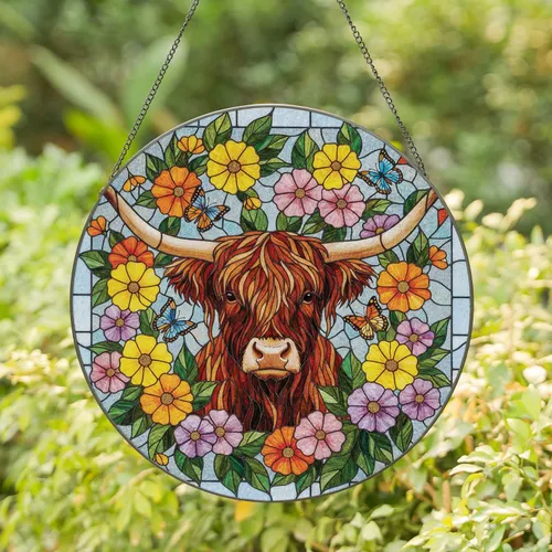 Highland Cow Wildflower - Farmhouse Decor Gift for Cow Lover Stained Glass Suncatcher