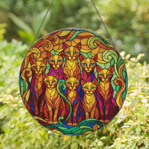 Seven Cubist Cats Swirling Leaves Geometric Panels - Home Decor Gift for Cat Lovers Stained Glass Suncatcher