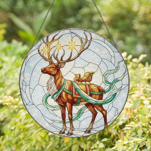 Majestic Reindeer Sleigh Glowing Stars Celestial Winter - Holiday Home Decor Gift Stained Glass Suncatcher
