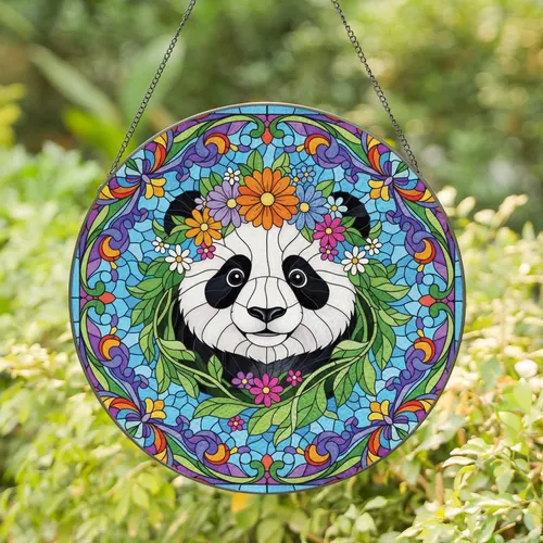 Giant Panda Wildflower Crown - Home Decor Gift for Panda Lovers Stained Glass Suncatcher