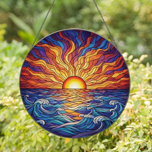 Half Submerged Sun Wavy Clouds Rolling Ocean Waves - Home Decor Gift Stained Glass Suncatcher