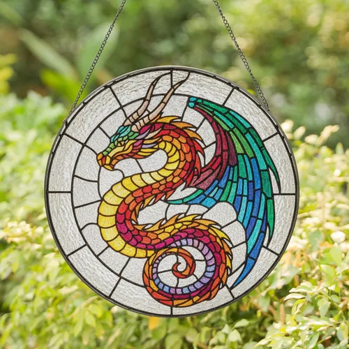 Majestic Rainbow Dragon Coiled in Circular Form - Dragon Lover Home Decor Gift Stained Glass Suncatcher